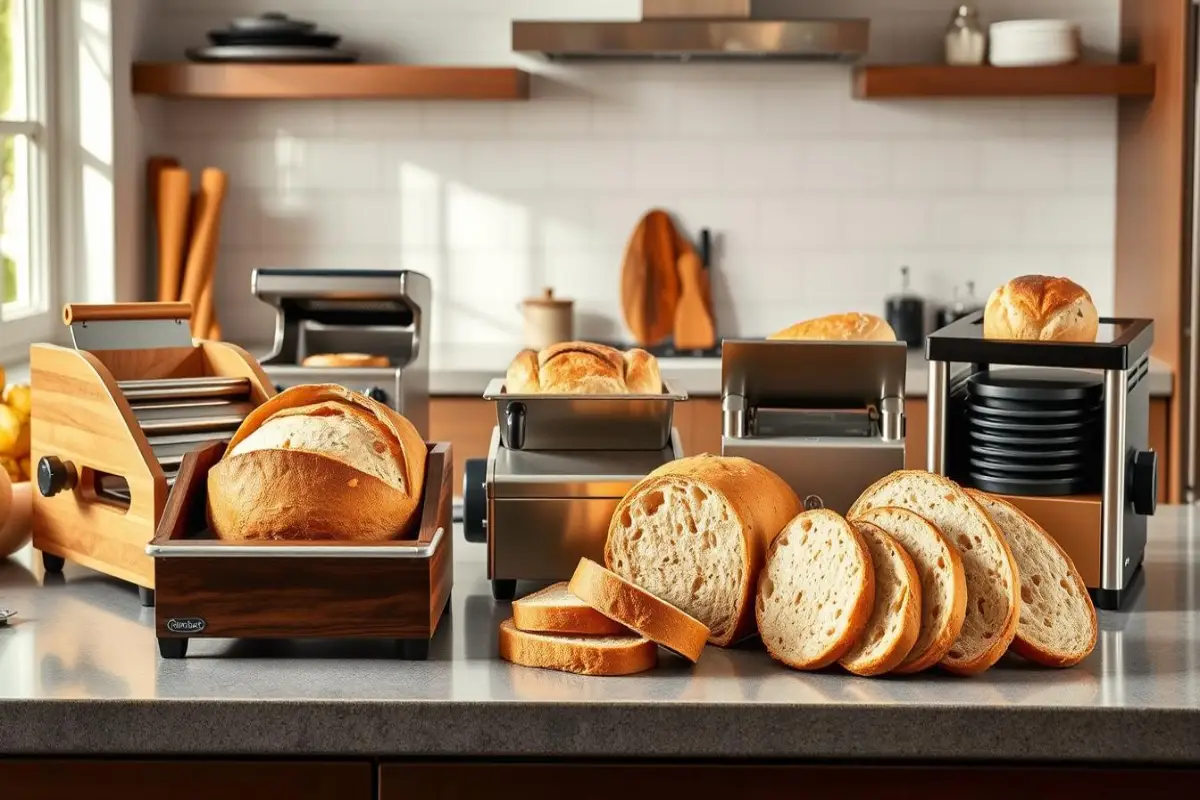 Commercial bread slicers showcasing sliced sourdough loaves with uniform cuts, ideal for bakeries and cafes