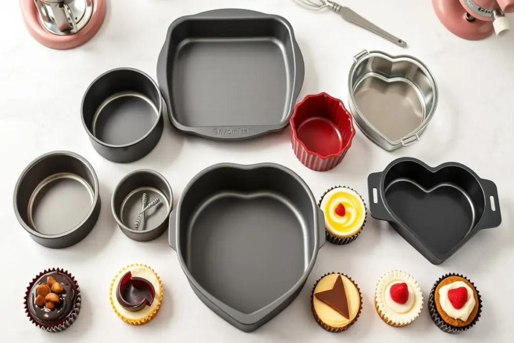 An assortment of baking pans in various shapes and sizes, including heart-shaped and round pans, displayed with decorated mini cheesecakes