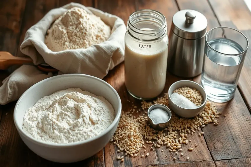 Ingredients for making organic sourdough bread, including flour, sourdough starter, salt, water, and grains, displayed on a rustic wooden surface