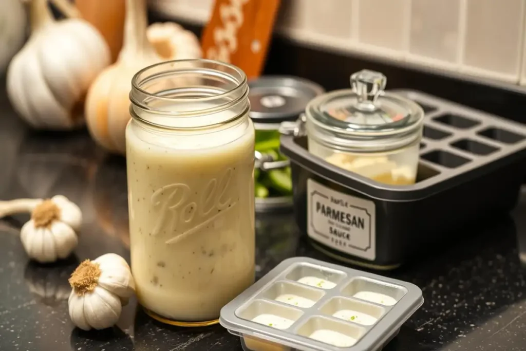 AI-generated image of homemade garlic parmesan sauce stored in a mason jar, with fresh garlic and parmesan cheese in the background, created for ASTRORECIPES.COM