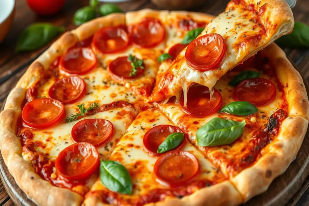 A freshly baked pepperoni pizza with melted cheese, sliced tomatoes, and basil leaves on a wooden table