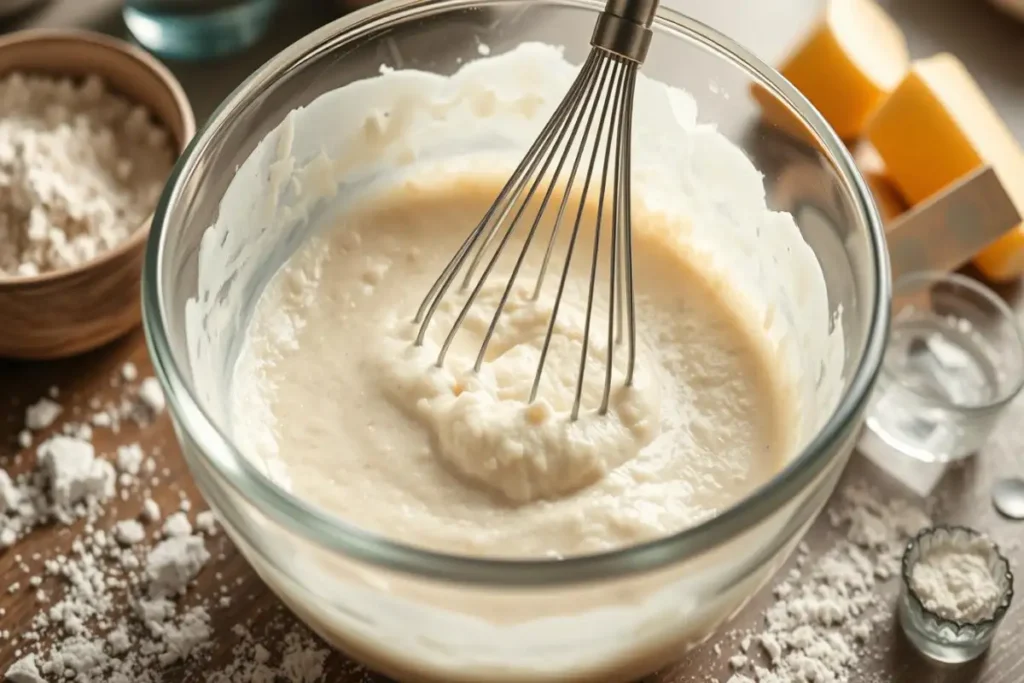 A glass bowl filled with freshly prepared tempura batter, being whisked to a smooth consistency, surrounded by flour and other ingredients