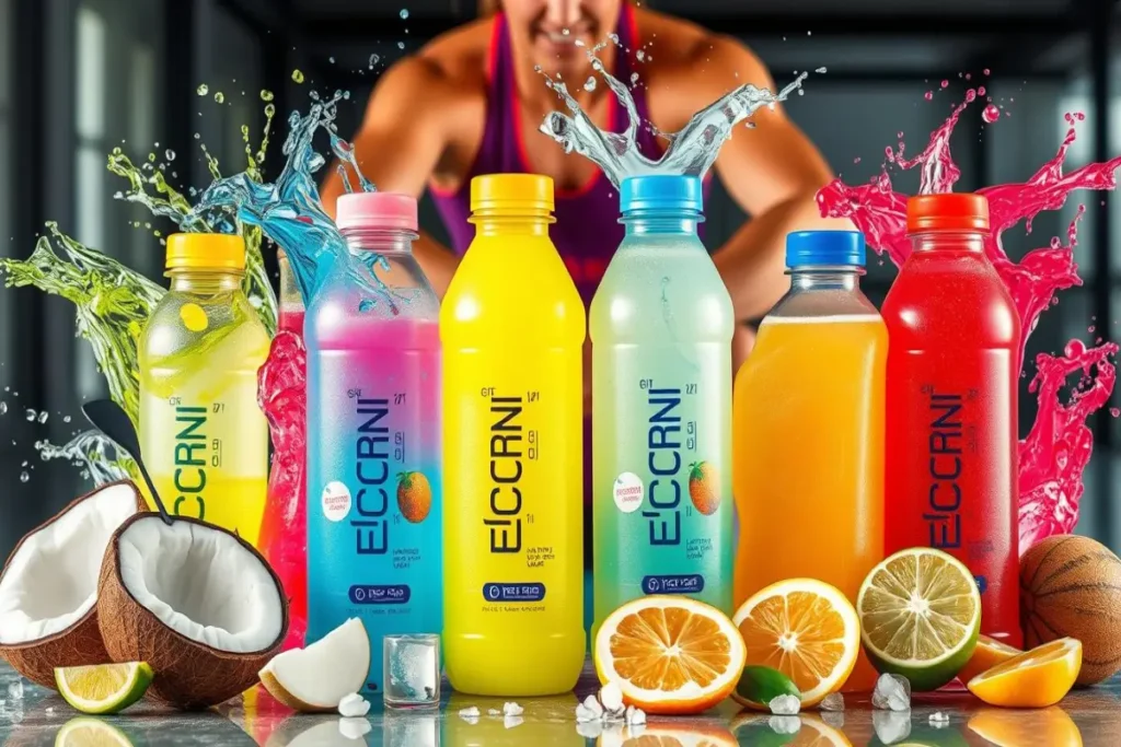 A variety of vibrant electrolyte drinks in different flavors with splashing water, coconuts, citrus fruits, and a fitness enthusiast in the background.