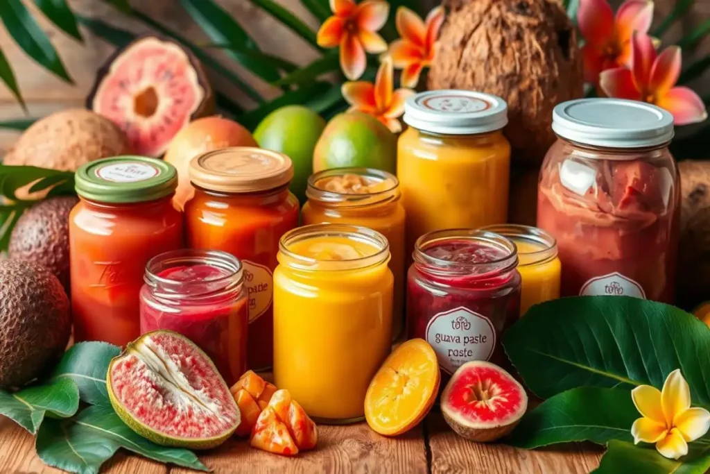 Artificial intelligence-generated image of tropical guava pastes and fruit spreads in jars, surrounded by fresh guavas, coconuts, and flowers