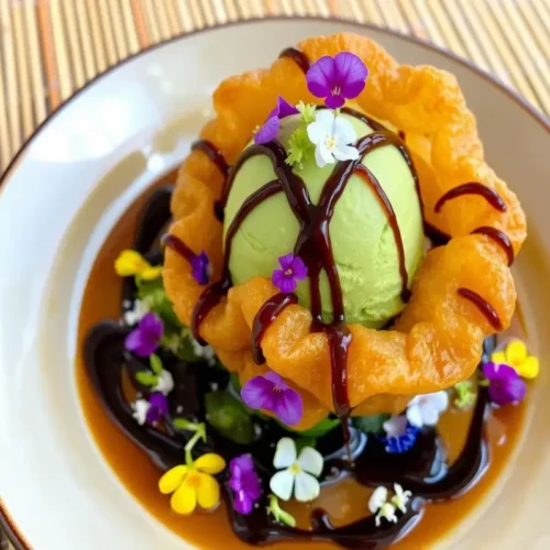 A vibrant serving of green tea tempura ice cream surrounded by a golden crispy shell, drizzled with chocolate sauce and garnished with colorful edible flowers