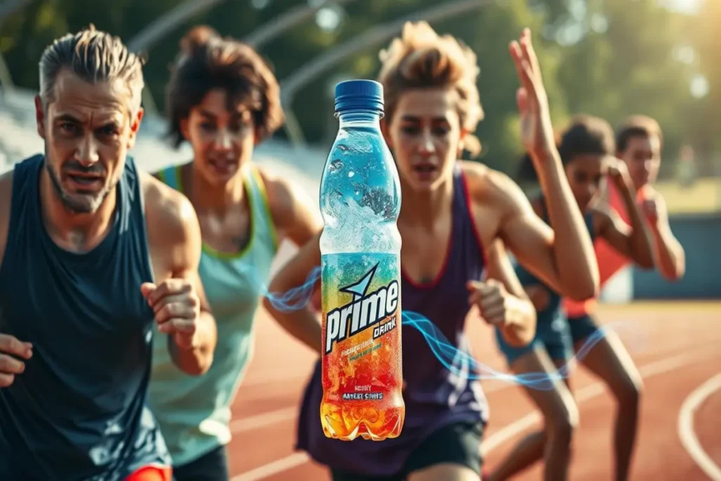 A bottle of Prime Drink floating in front of a group of athletes sprinting on a track, symbolizing energy, hydration, and performance.