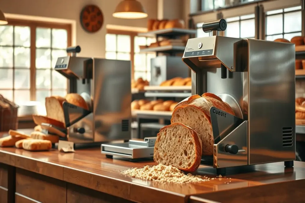 Modern commercial bread slicer in a bakery, slicing sourdough loaves with precision, surrounded by fresh bread and crumbs