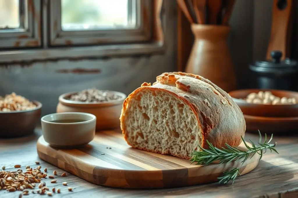 A freshly baked loaf of organic sourdough bread on a wooden board, accompanied by rosemary and bowls of grains in a rustic kitchen setting