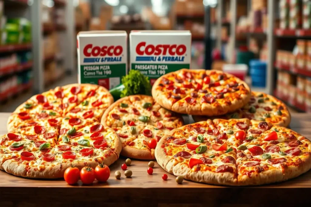 Assorted Costco pizzas with toppings displayed in a warehouse setting, alongside Costco pizza packaging