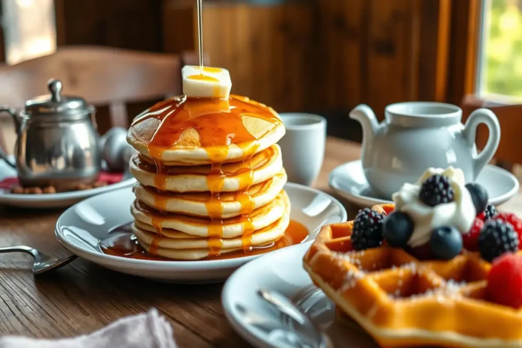 A stack of pancakes topped with butter and syrup alongside a waffle garnished with berries and cream on a cozy breakfast table