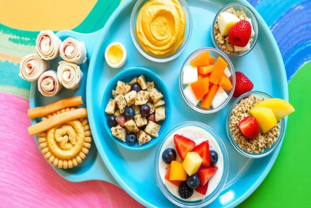 A colorful preschool lunch tray with healthy snacks, fruit, cheese, wraps, and yogurt