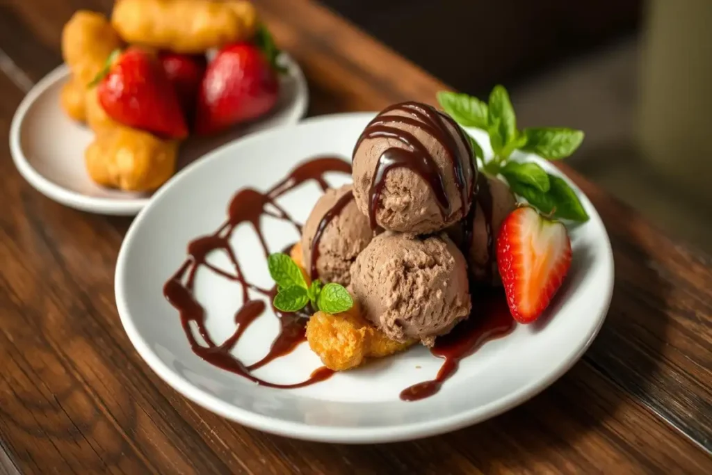 A decadent dessert featuring scoops of chocolate ice cream drizzled with chocolate sauce, garnished with strawberries, mint, and tempura pieces