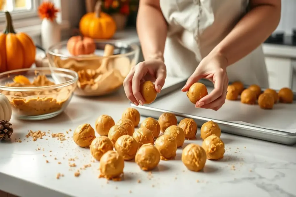 Hands shaping no-bake pumpkin cheesecake balls on a tray, surrounded by bowls of pumpkin mixture and festive fall decor