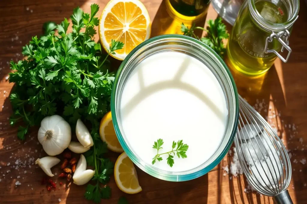 A glass bowl of creamy white sauce garnished with parsley, surrounded by fresh herbs, garlic cloves, lemon slices, and olive oil on a wooden table