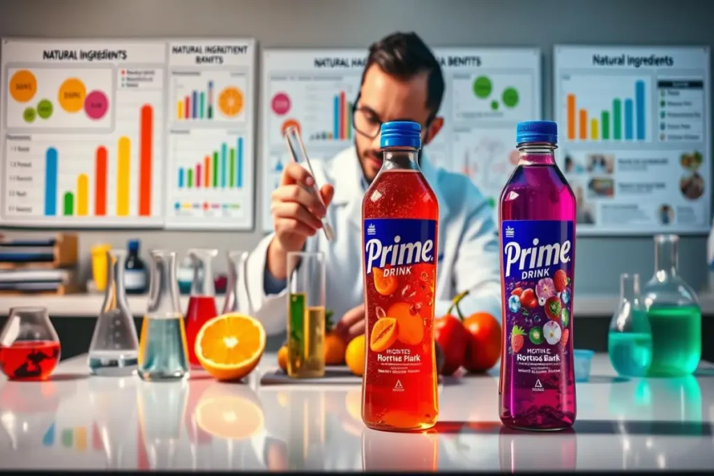 Two bottles of Prime Drink with a scientist in a lab analyzing ingredients, surrounded by fruits, test tubes, and data charts in the background.