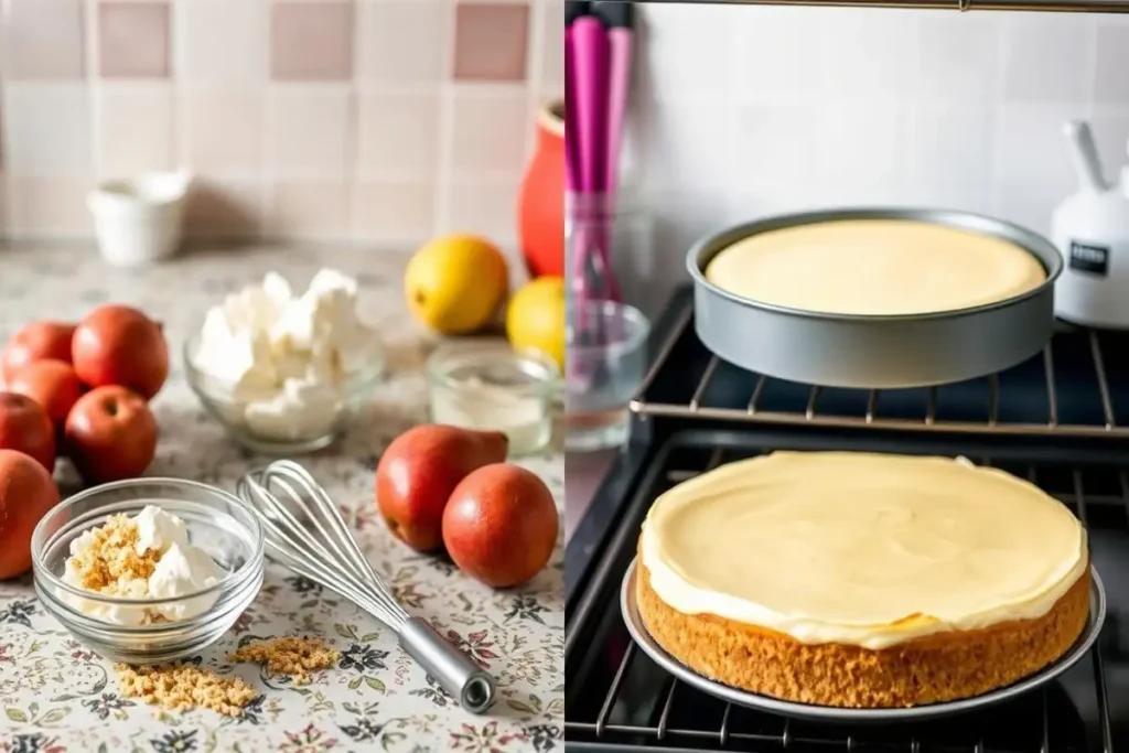 Artificial intelligence-generated image showing guava cheesecake preparation with fresh ingredients and baking steps in the kitchen