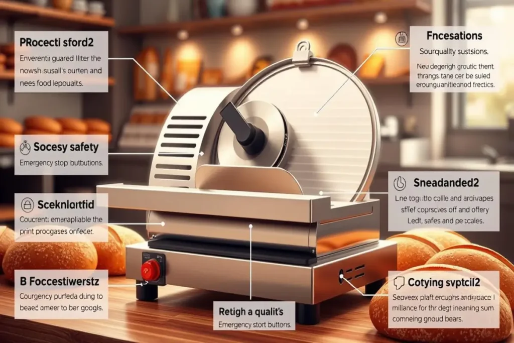 Commercial bread slicer with labeled safety and functional features for precision slicing in bakeries, surrounded by fresh bread