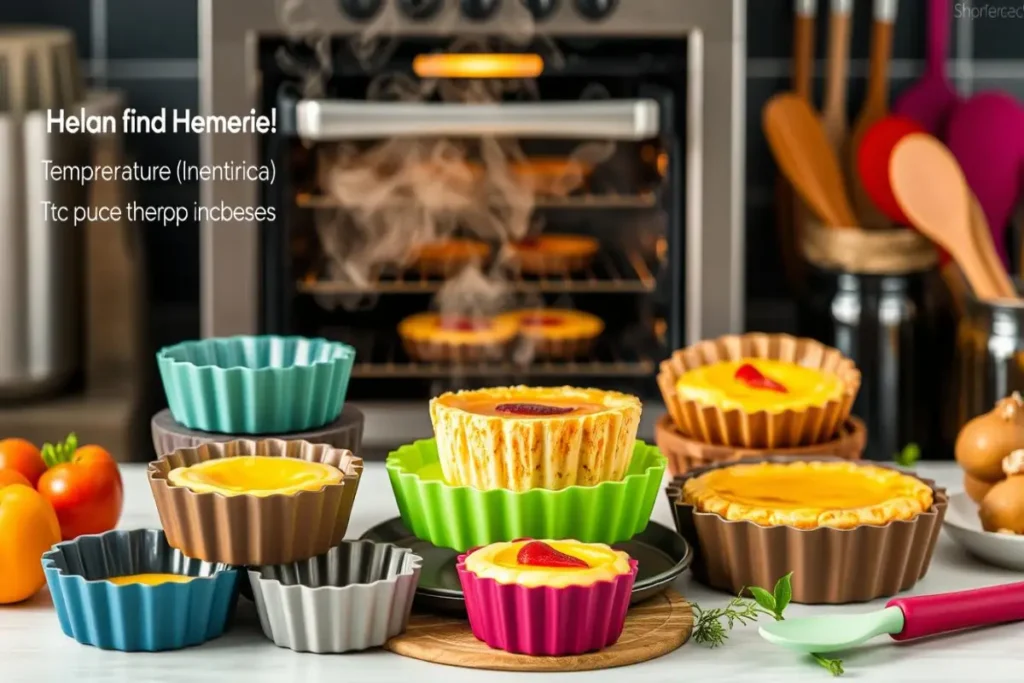 Colorful fluted silicone baking molds filled with baked cheesecakes, with a steaming oven in the background