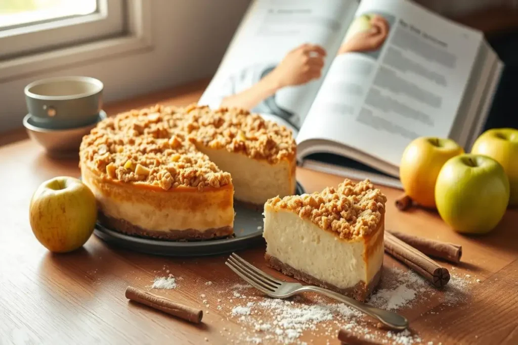 A sliced apple crumble cheesecake on a wooden table, surrounded by green apples, cinnamon sticks, and an open recipe book in the background.