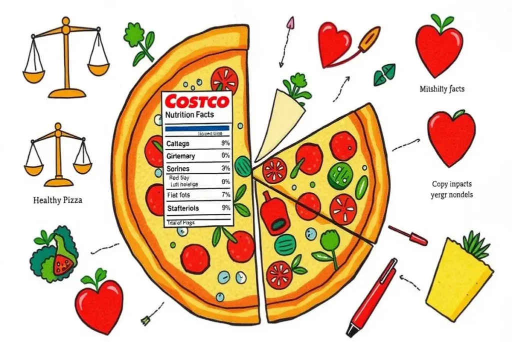 Illustration of Costco pizza nutrition facts with colorful graphics, vegetables, and fun visual elements