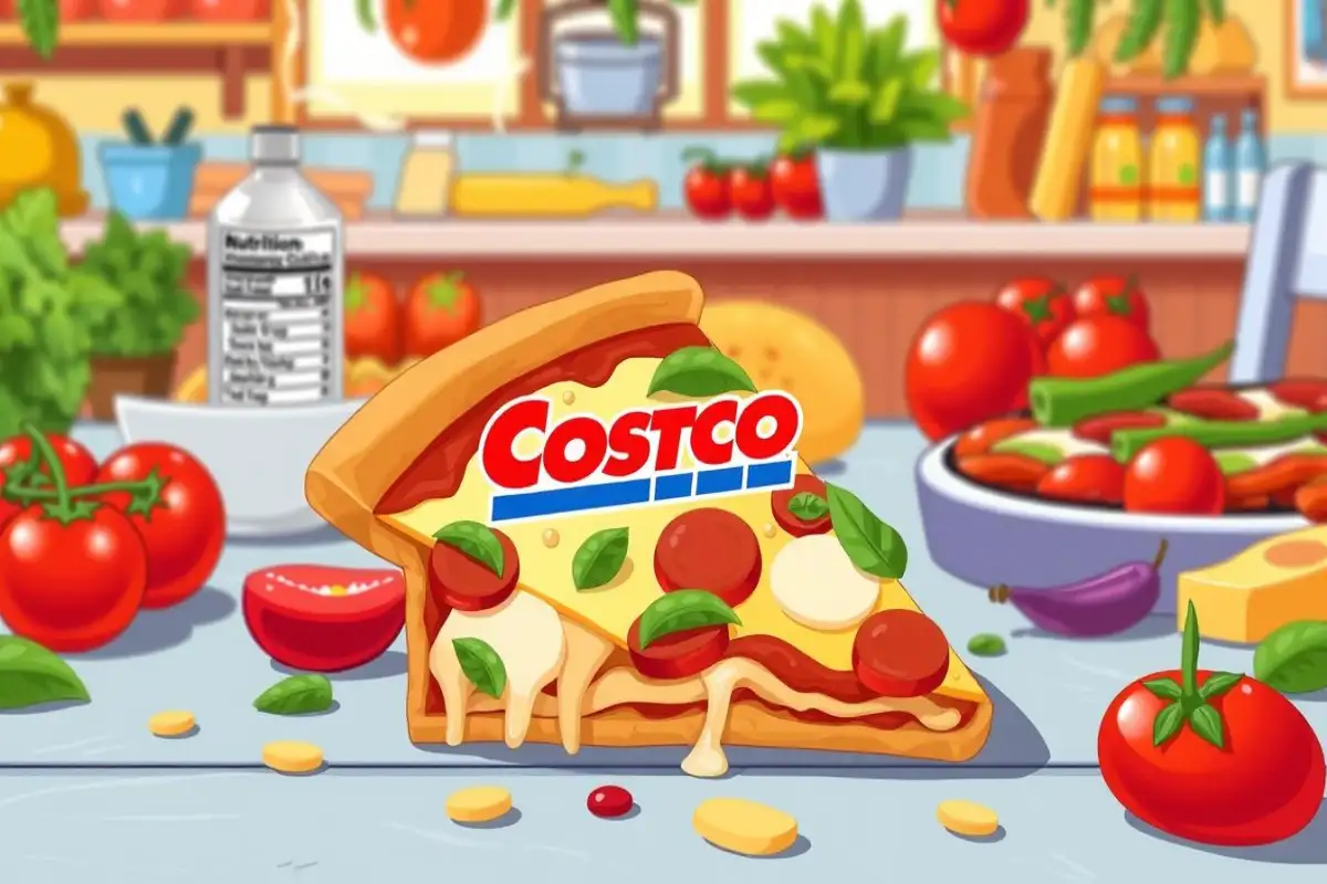 A slice of Costco pizza with fresh ingredients like tomatoes, basil, and cheese, set in a colorful kitchen background