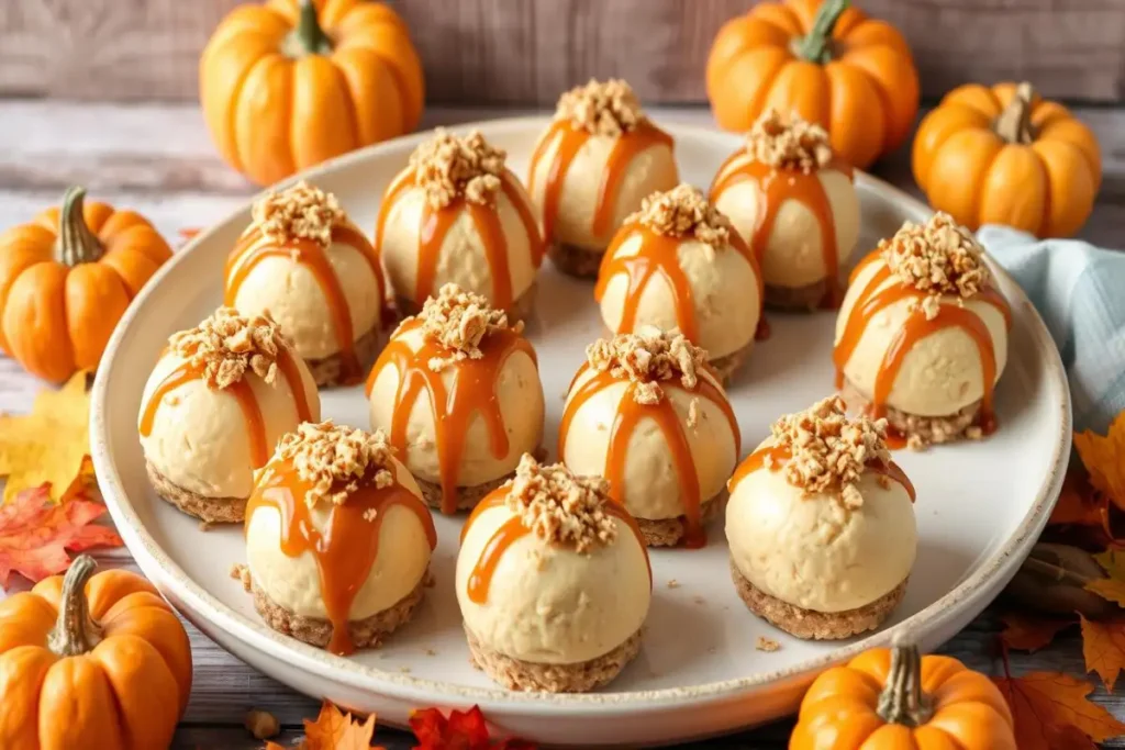 No-bake pumpkin cheesecake balls topped with caramel drizzle and crushed graham crackers, displayed on a white plate with mini pumpkins and fall leaves