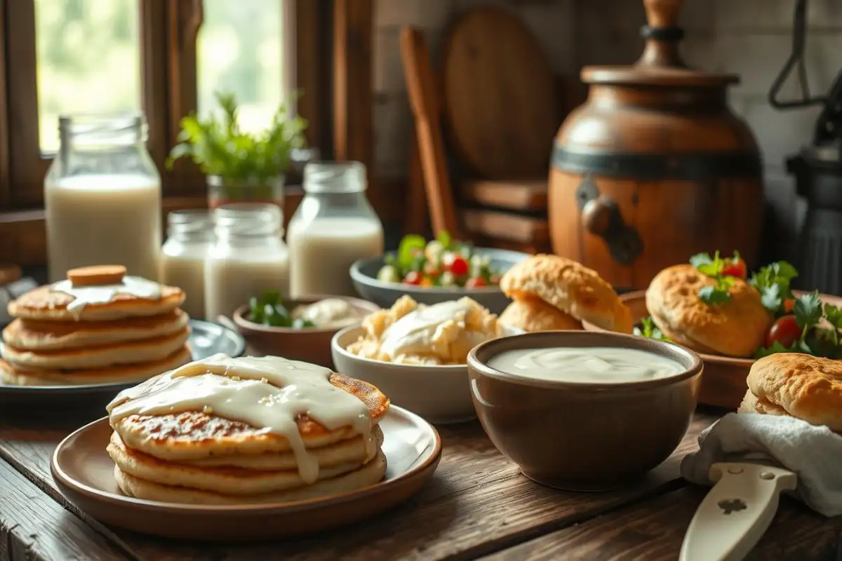 A rustic breakfast table featuring stacks of pancakes drizzled with creamy sauce, buttery biscuits, fresh herbs, and jars of milk