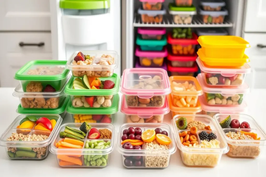 Meal-prepped preschool lunches in colorful containers with fruits, vegetables, and snacks, ready to be stored in a fridge