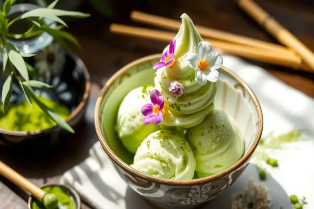 A bowl of creamy matcha green tea ice cream garnished with delicate edible flowers, served in an elegant Japanese-style setting