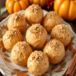 Delicious no-bake pumpkin cheesecake balls topped with crushed graham crackers on a decorative fall-themed plate