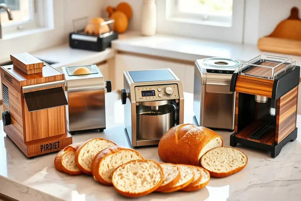 Compact commercial bread slicers on a kitchen countertop with freshly sliced sourdough bread, combining modern and wooden designs