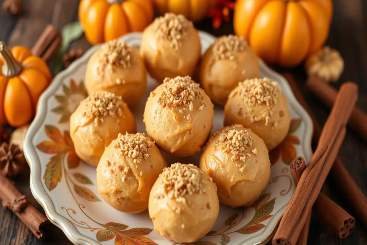 Delicious no-bake pumpkin cheesecake balls topped with crushed graham crackers on a decorative fall-themed plate