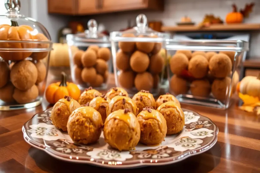 Homemade no-bake pumpkin cheesecake balls on a decorative plate, with jars of additional pumpkin treats in the background, styled for autumn