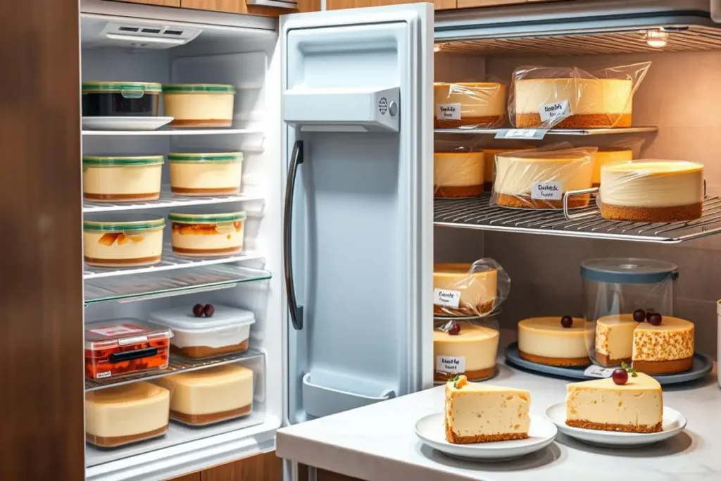 A well-organized refrigerator filled with cheesecakes stored in containers and wrapped for freshness. Two slices of cheesecake are plated on the counter, ready to serve