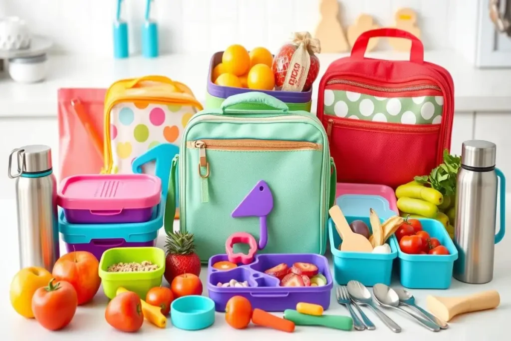 Colorful lunchboxes, food containers, and fresh fruits and vegetables for preschool lunch ideas.