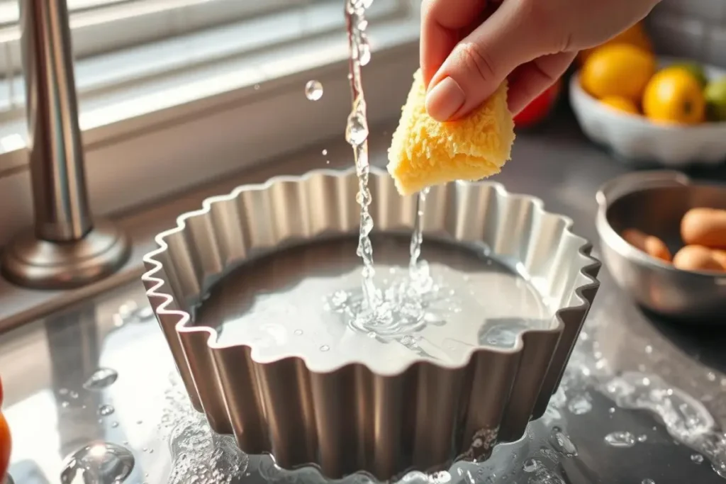 Hand cleaning a fluted baking pan with a sponge under running water in a kitchen sink