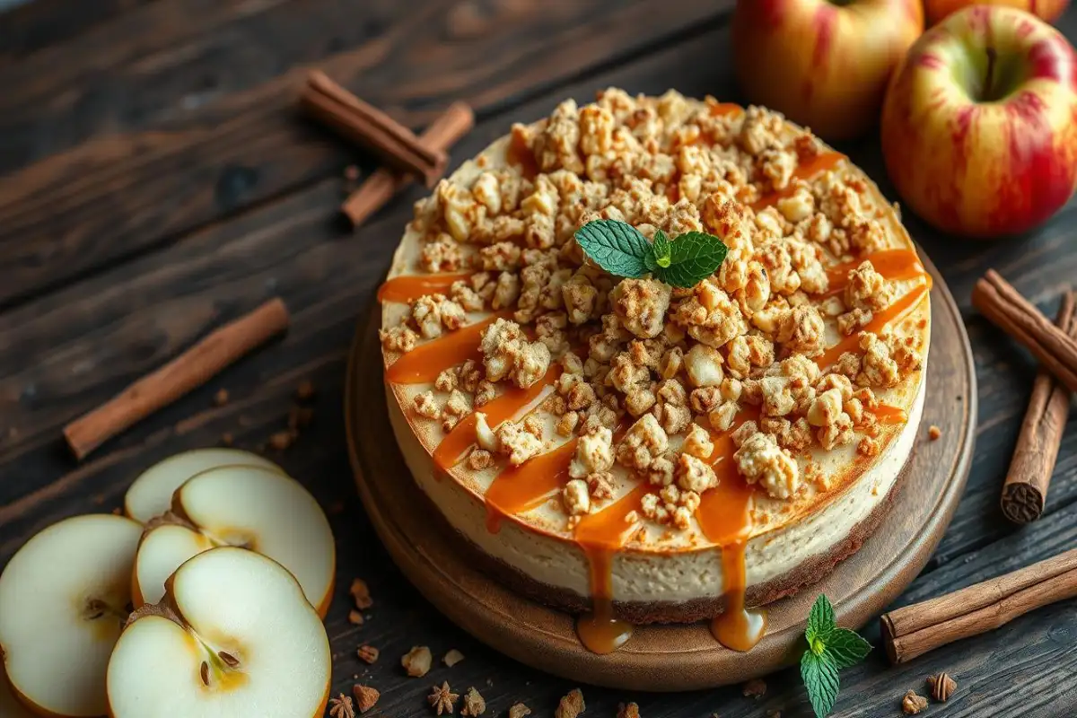 Apple crumble cheesecake topped with crunchy crumble and caramel drizzle, garnished with a fresh mint leaf, surrounded by apples and cinnamon sticks