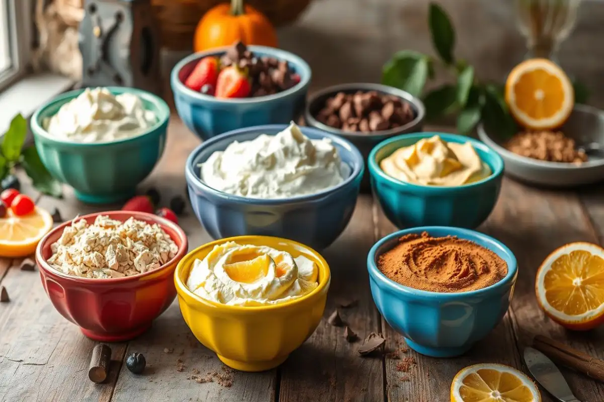 An assortment of colorful bowls filled with various dessert toppings, including whipped cream, crushed nuts, cinnamon powder, chocolate chips, and fresh fruit