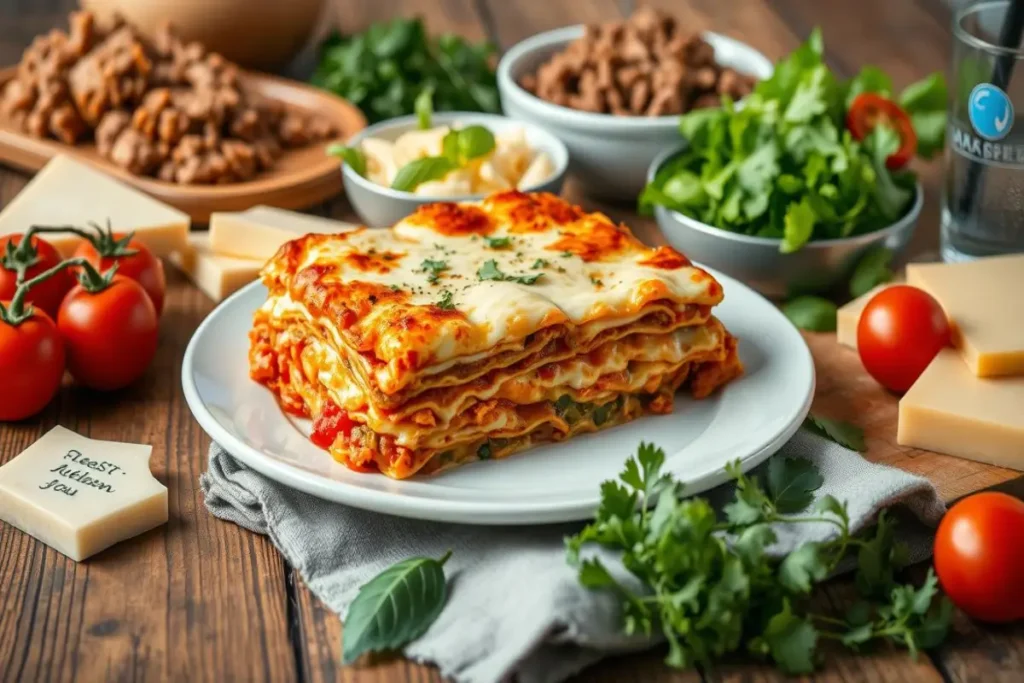 A plate of lasagna topped with melted cheese, surrounded by fresh ingredients like tomatoes, parsley, and cheese on a rustic table