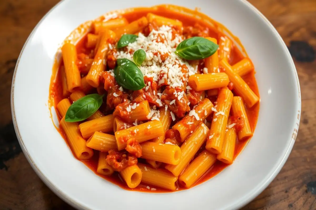 A plate of rigatoni pasta served in a rich tomato sauce, topped with fresh basil leaves and grated cheese.