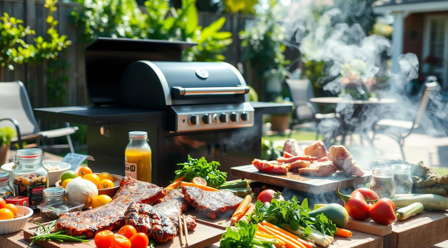 "Outdoor pellet grill surrounded by fresh vegetables, herbs, and smoked meat, with smoke rising in a lush backyard setting."