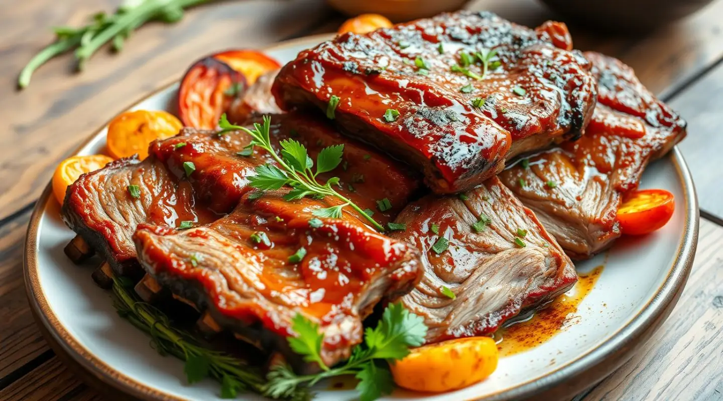 Juicy boneless pork ribs with a glossy glaze served on a plate, garnished with fresh parsley and accompanied by roasted vegetables.