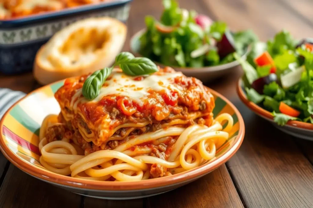 A serving of lasagna on a colorful plate with pasta, topped with fresh basil, accompanied by salad and garlic bread in the background