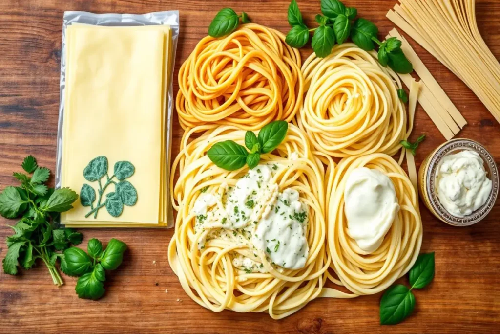 Artificial intelligence-generated image of various pasta types, fresh basil, lasagna sheets, and creamy Alfredo sauce for ASTRORECIPES.COM