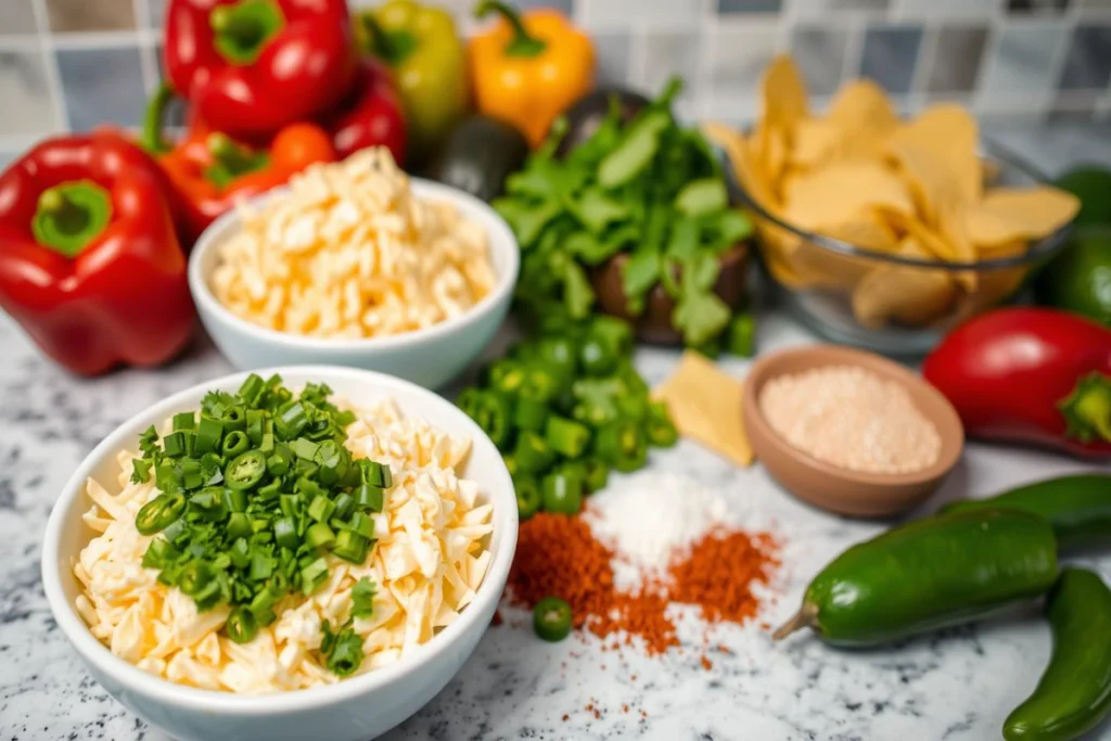 "Fresh ingredients including shredded cheese, chopped green onions, jalapeños, bell peppers, and tortilla chips arranged on a marble countertop."