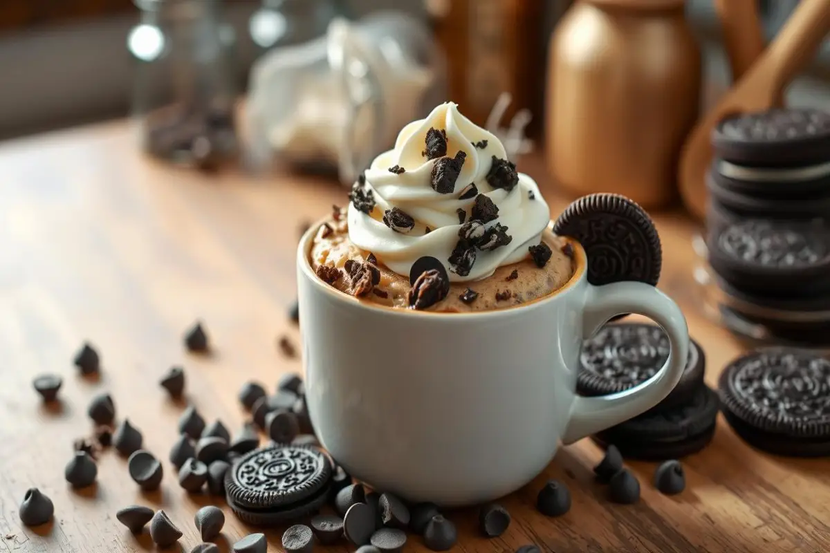 A rich Oreo mug cake topped with whipped cream, chocolate chips, and crushed Oreo pieces, placed on a wooden table surrounded by Oreo cookies and chocolate chips