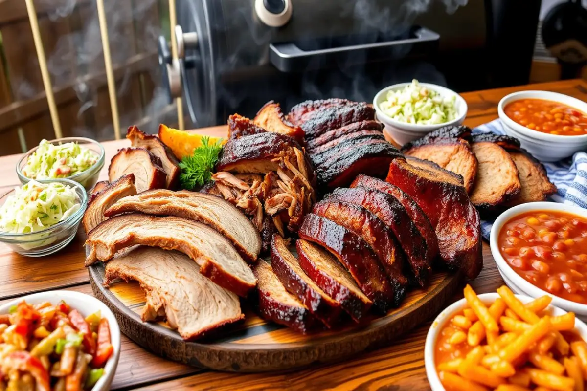 A platter of smoked meats, including brisket and ribs, served with classic BBQ sides like baked beans, coleslaw, and mac and cheese