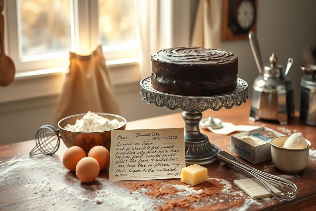 1920’s chocolate cake on a vintage cake stand surrounded by baking ingredients on a wooden table near a window