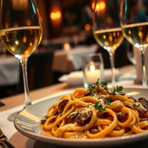 A plate of creamy pasta garnished with fresh herbs and mushrooms, paired with glasses of white wine on a candlelit table in a fine dining restaurant