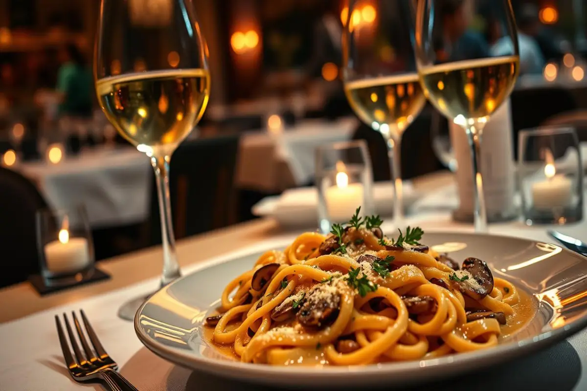 A plate of creamy pasta garnished with fresh herbs and mushrooms, paired with glasses of white wine on a candlelit table in a fine dining restaurant